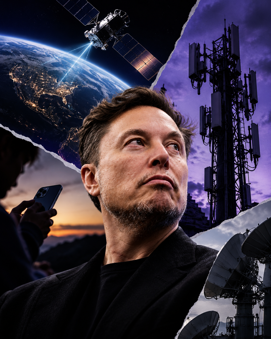 Retrato de Elon Musk em notícia sobre a expansão da Starlink Mobile e seus impactos no mercado de telecomunicações dos Estados Unidos.